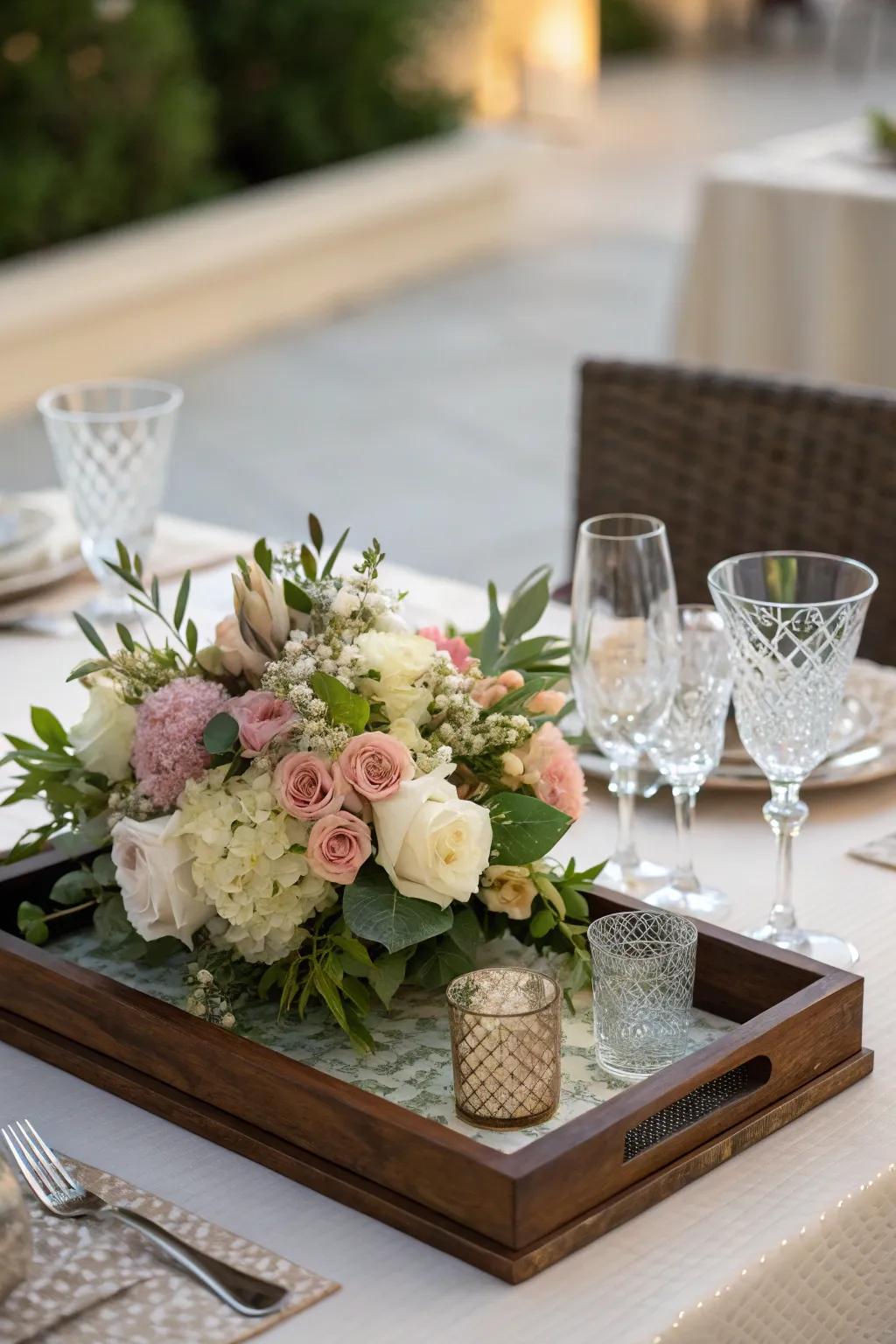 A sophisticated dining table showcasing an elegant tray arrangement.