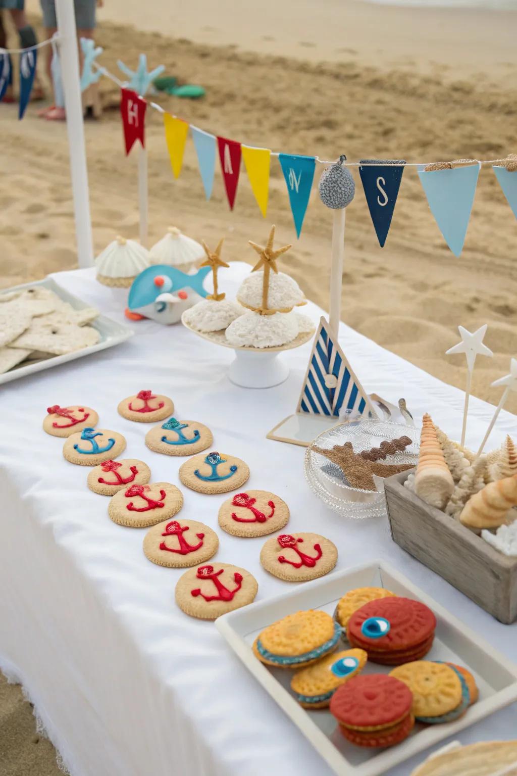 A seaside-themed snack arrangement adorned with shells and seafaring treats.