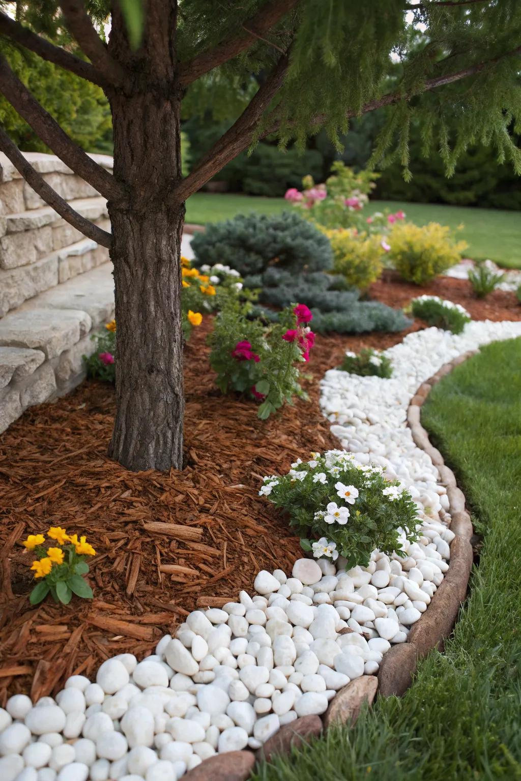 Wood chips and small stones fashion a textured and visually compelling base for your tree.