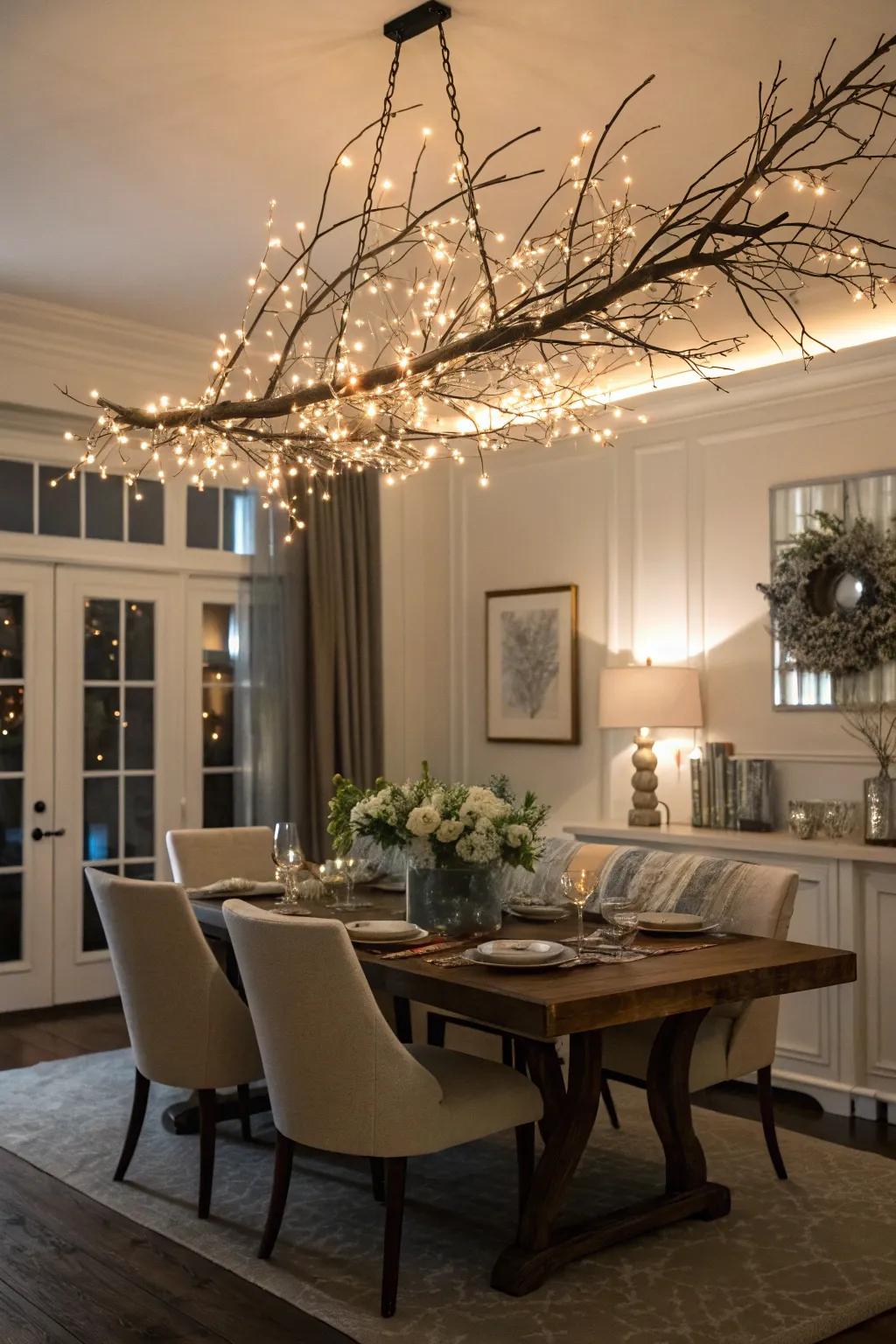 A captivating branch chandelier featuring glimmering pixie lights.