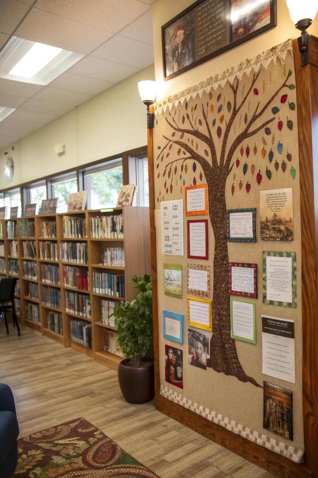 A tree notice board integrating academic elements like reading materials and sayings.