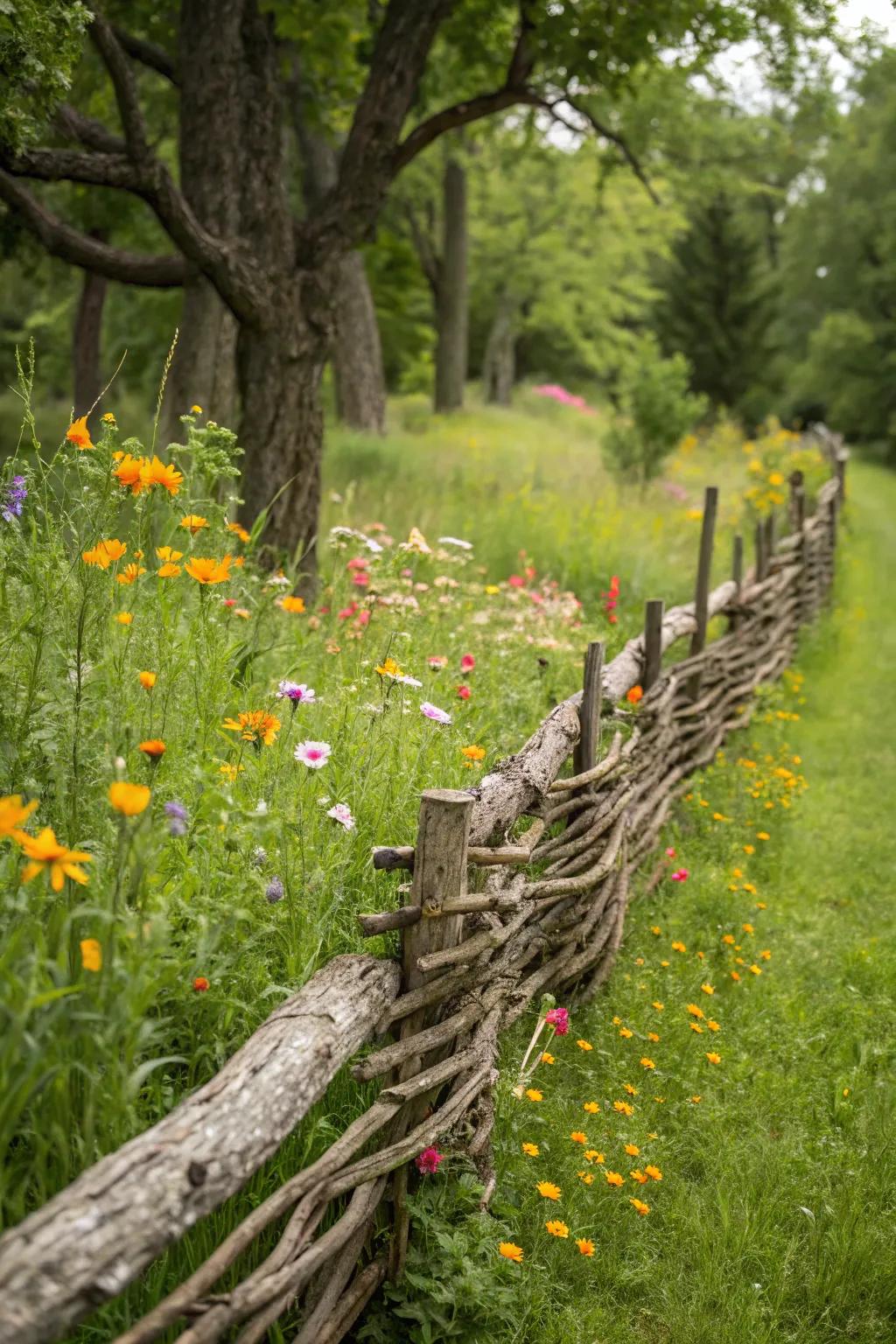 An enchanting wattle fence infuses a rustic allure.