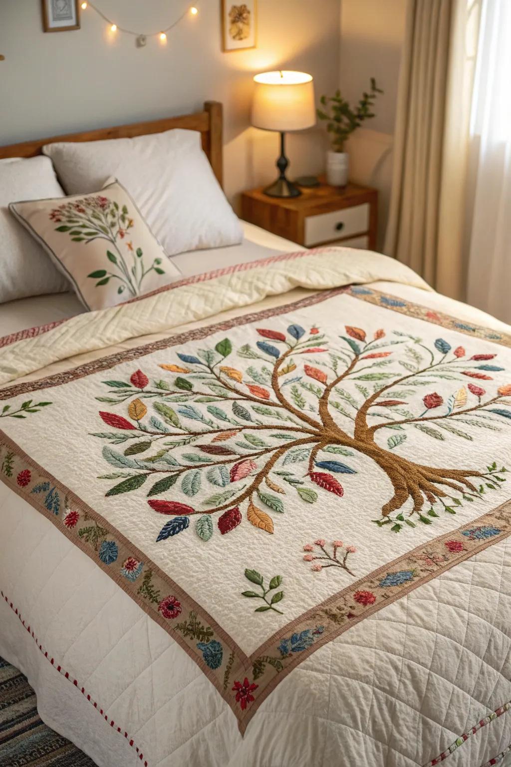 An embroidered Arbor Vitae quilt introduces a layer of warmth to a welcoming bed.