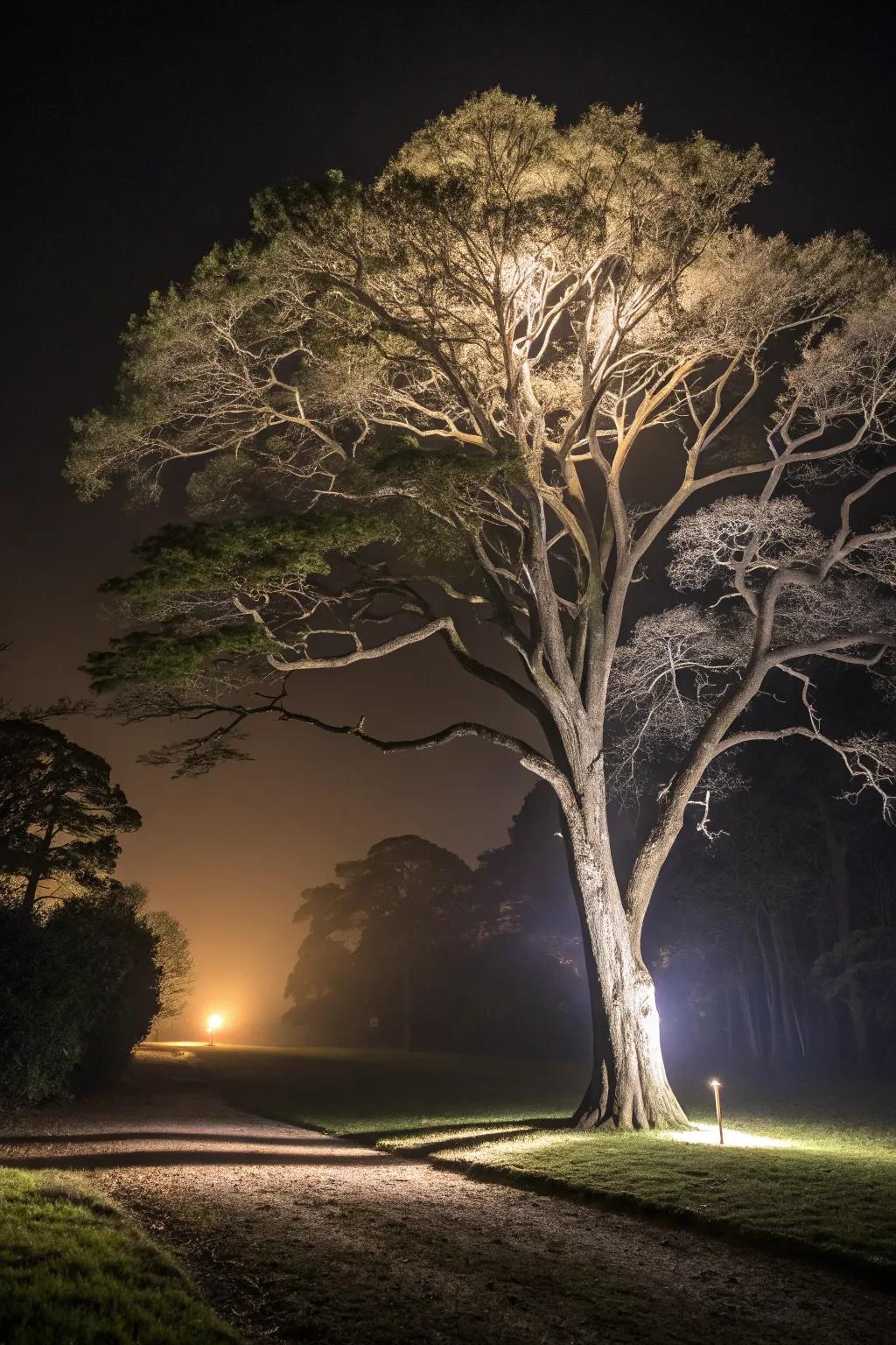 Uplifted lighting calls attention to the tree's stature and structure.