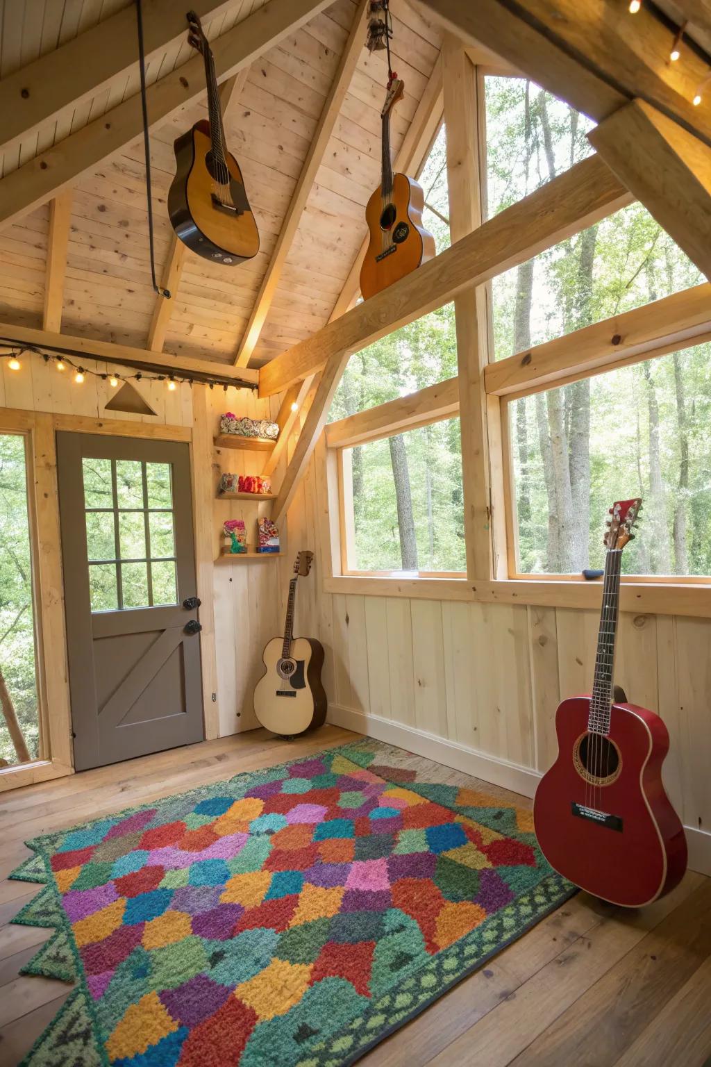 Playful ornamental details inside a treehouse, featuring a vibrant rug and guitars hanging from the ceiling.