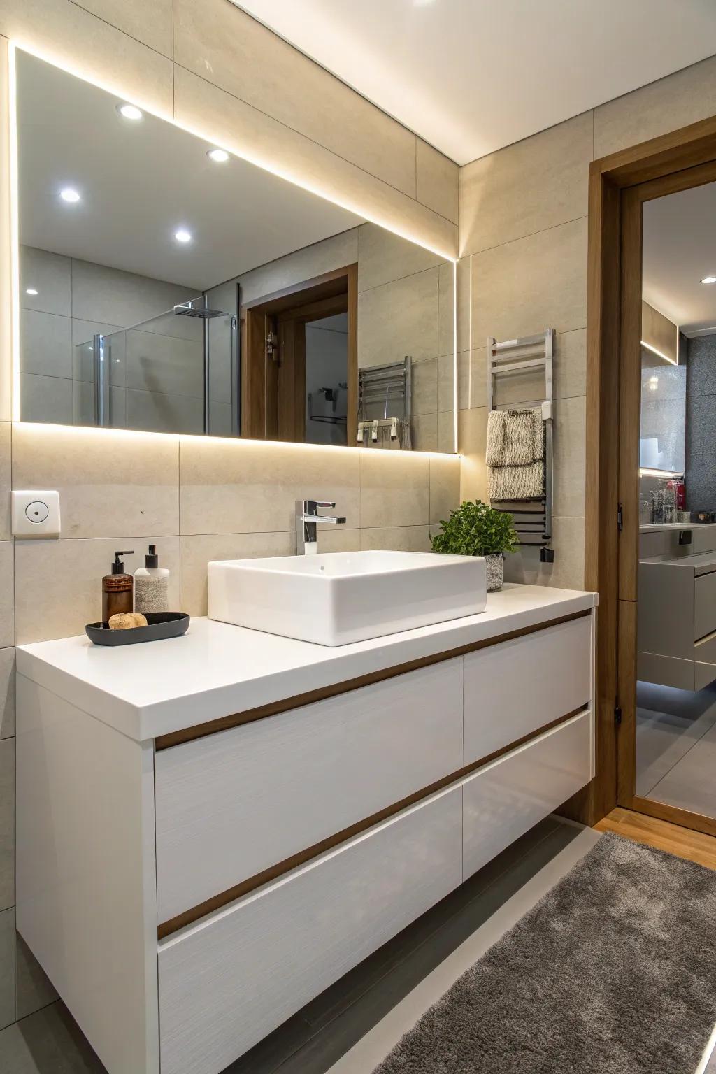 A contemporary bathroom featuring a combined sink and vanity for a neat, unified appearance.