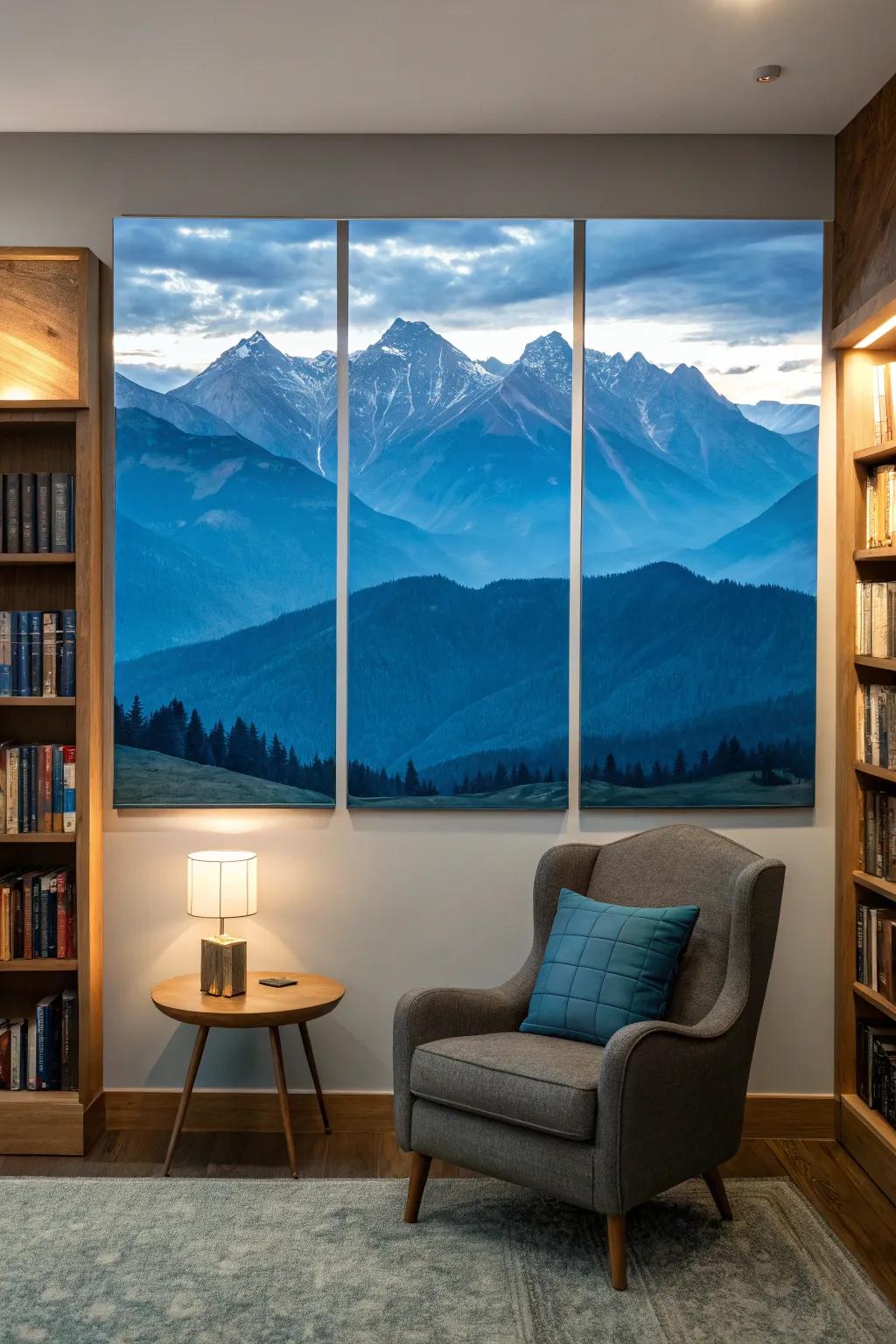 Magnificent mountains portrayed in a relaxing triptych art piece.