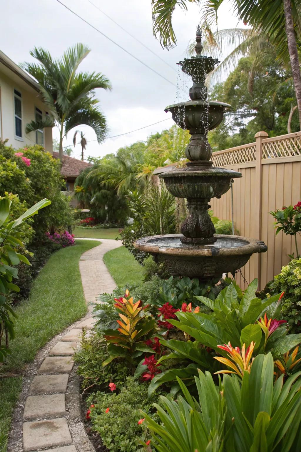A petite water feature introduces peace and allure to a tropical garden.