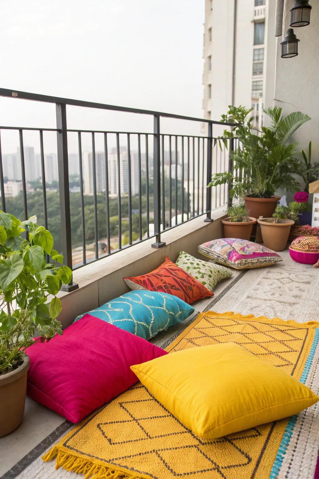 Brighten your balcony with colorful textiles for a cheerful atmosphere.