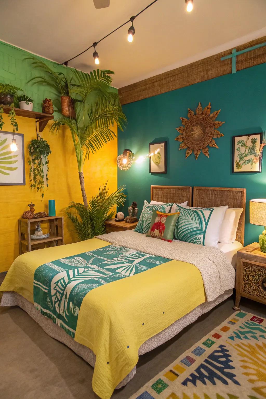 A dynamic color scheme infuses the essence of the tropics into your bedroom.