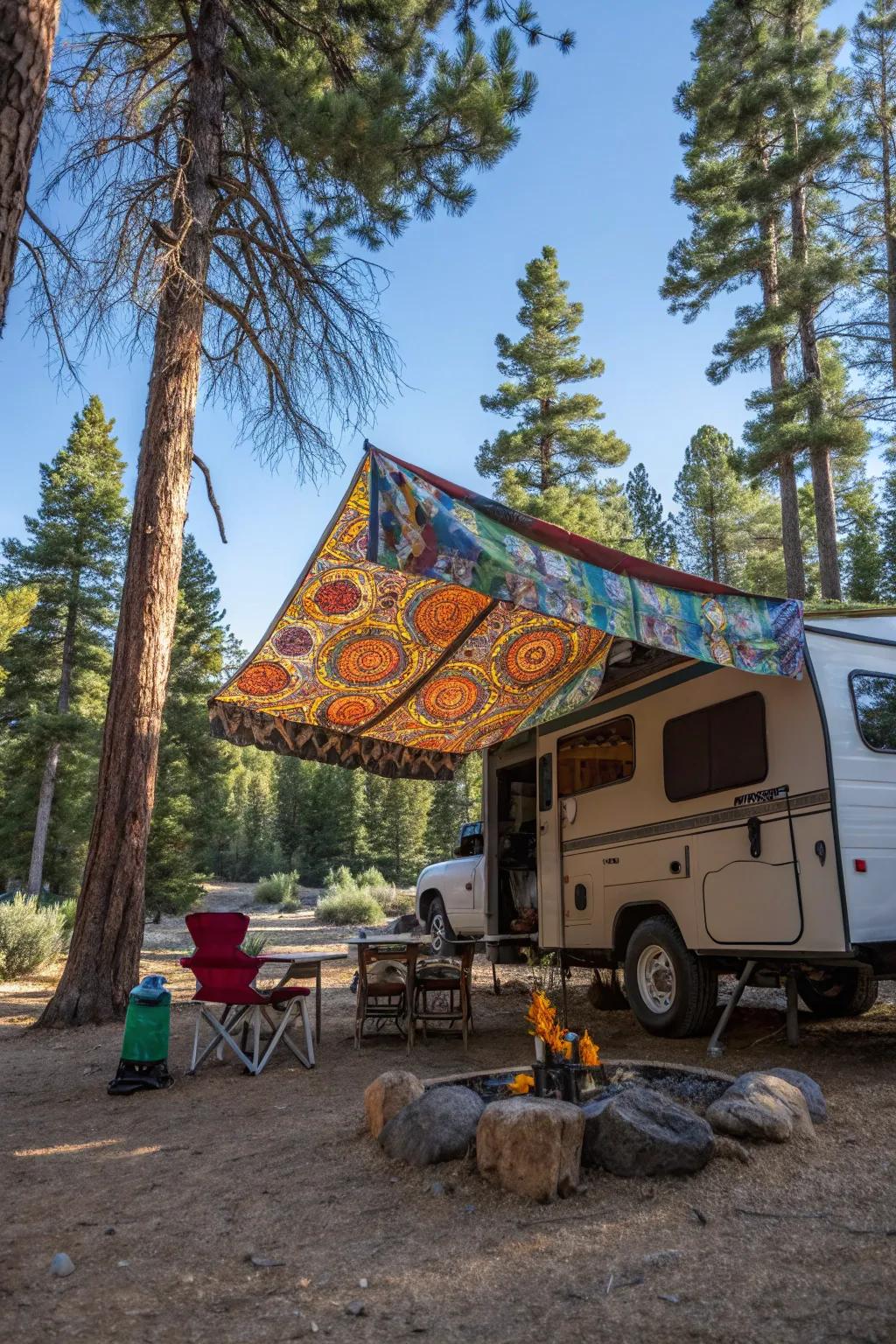 A delightful DIY awning adding a burst of personality to a truck camper.