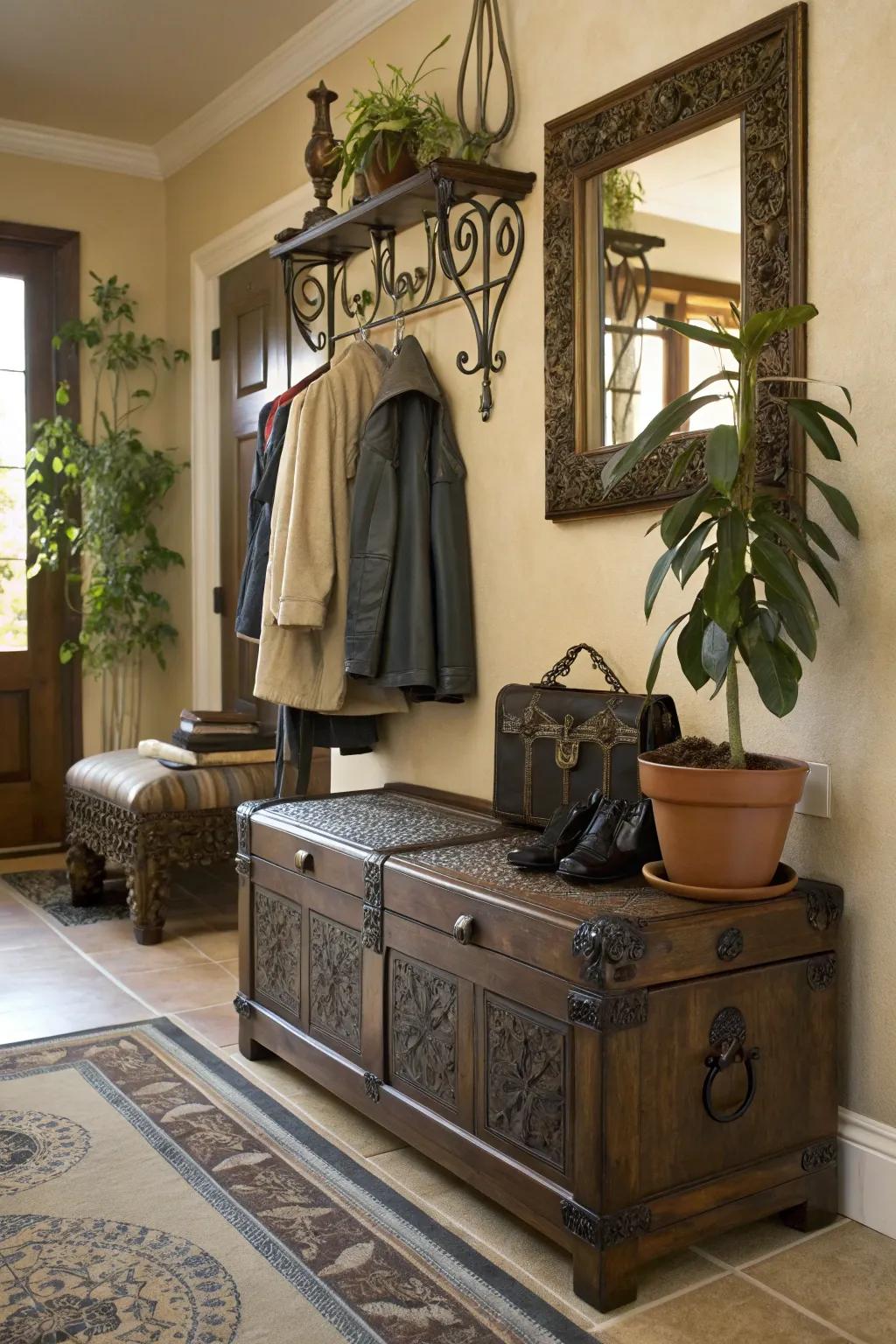 This trunk functions as a storage bench, ideal for maintaining an organized entrance.