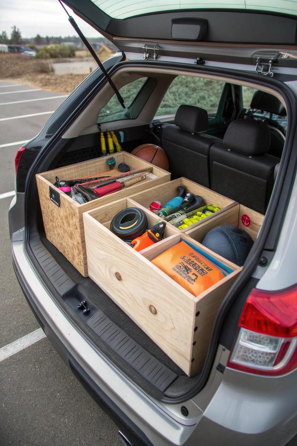 Custom wood paneling sections made to fit the trunk space perfectly.