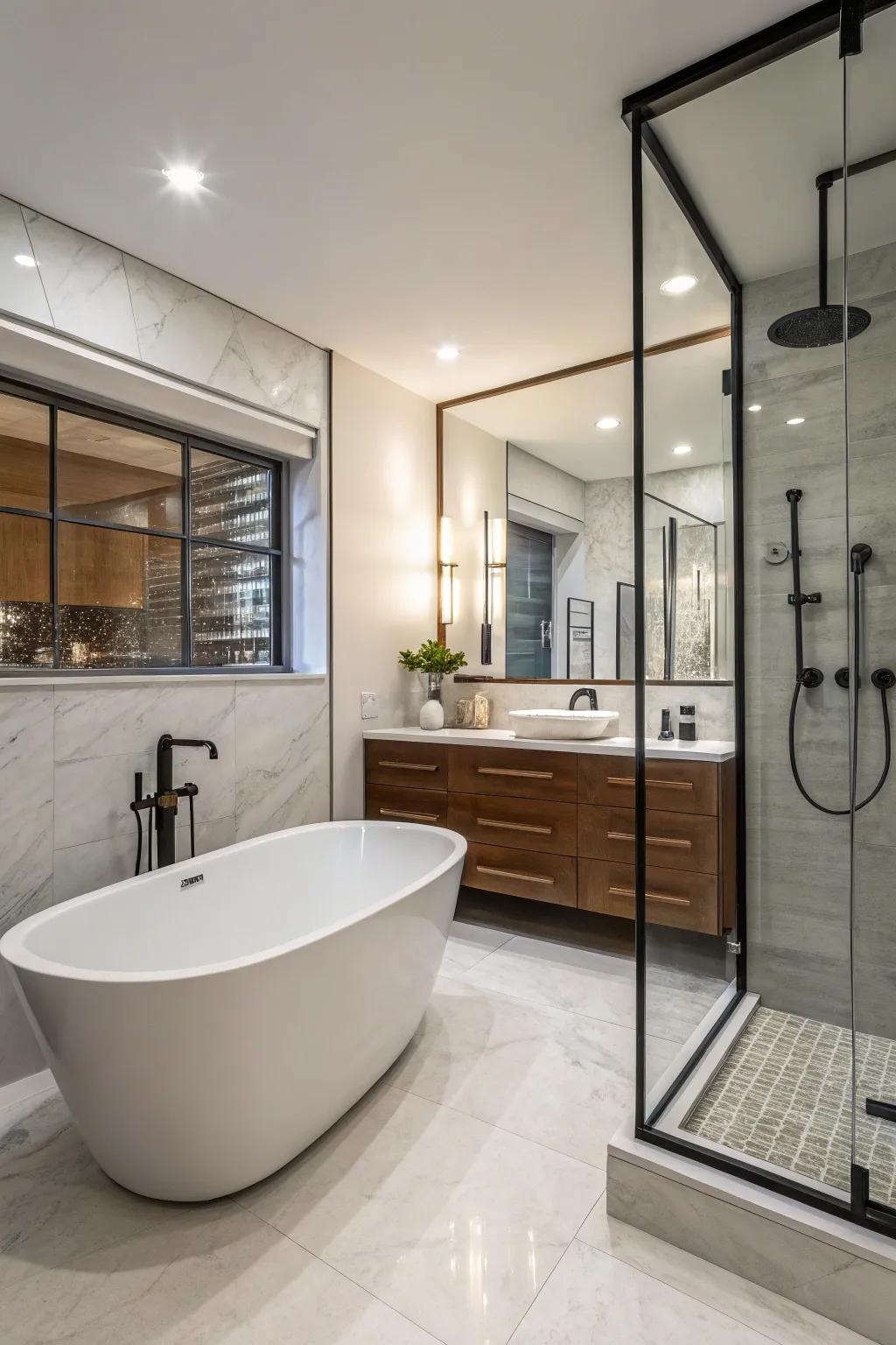 Separate bathtubs provide a sumptuous appearance beside modern showers.