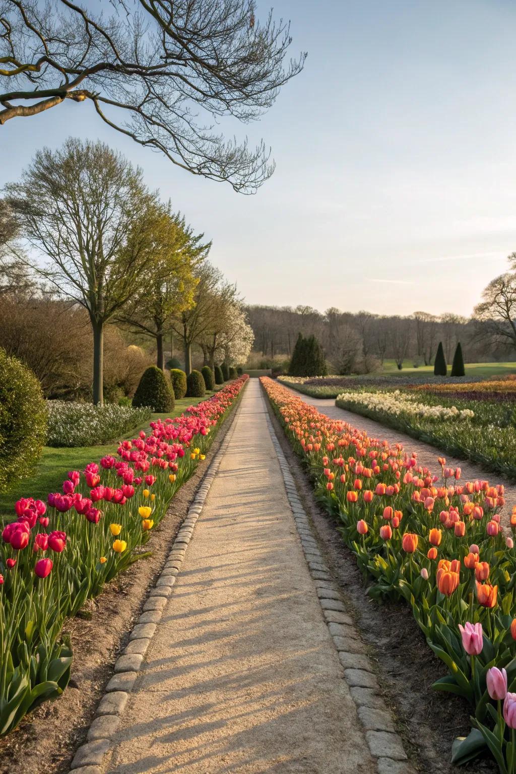 A garden path beautifully framed by lines of flourishing tulips.