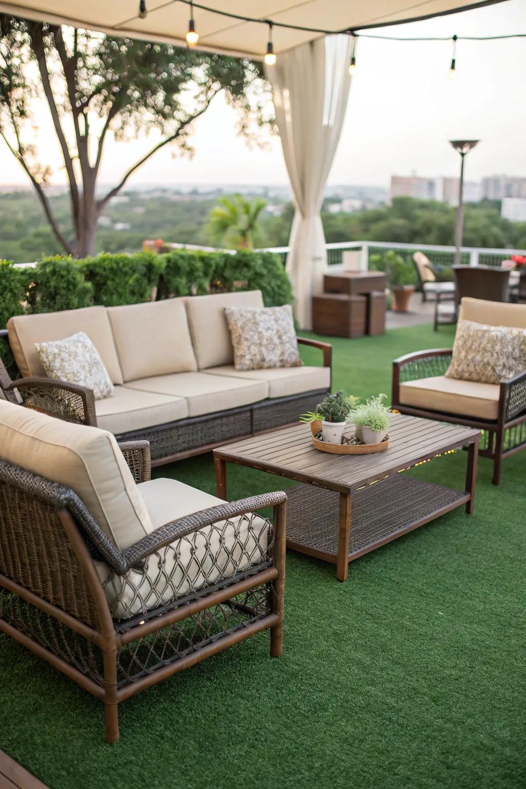 A welcoming leisure area nestled within a synthetic turf patio.