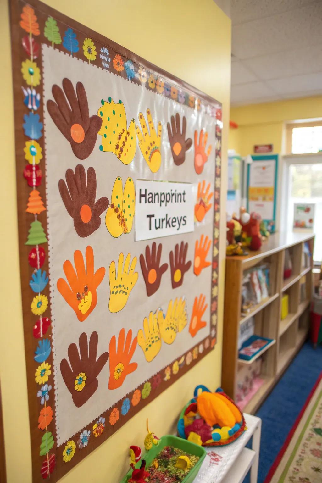 Charming turkey handprints bring a personal touch to the Thanksgiving display.