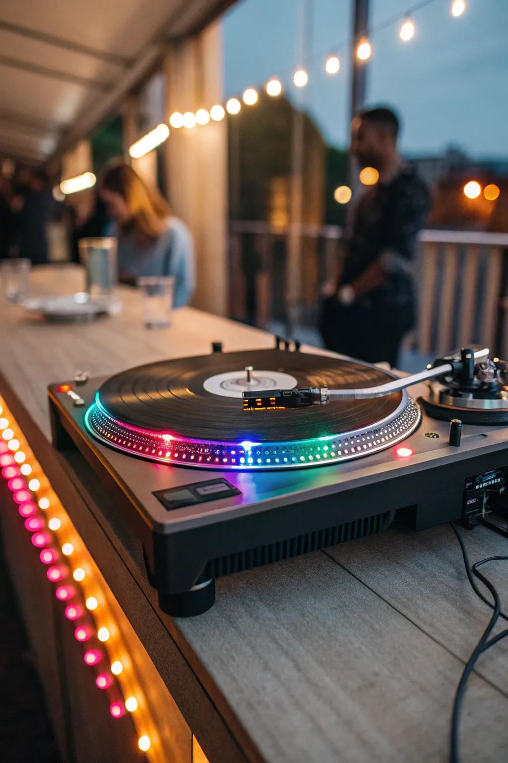 Vibrant light strips enhancing a turntable setup.