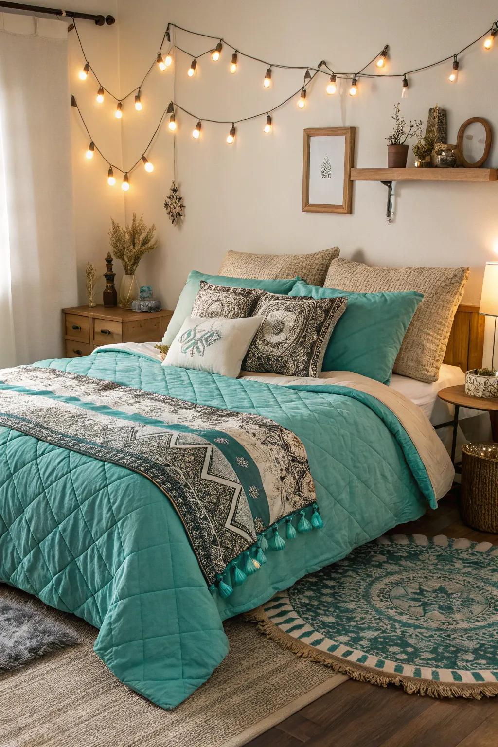 Elegant aqua bedding adds a hint of luxury.