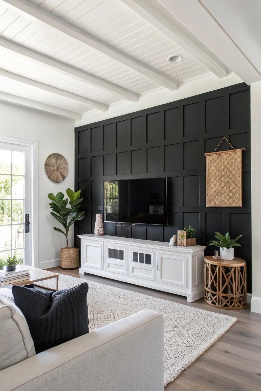 A striking deep-toned wall feature that effortlessly merges with the TV in a modern living space.