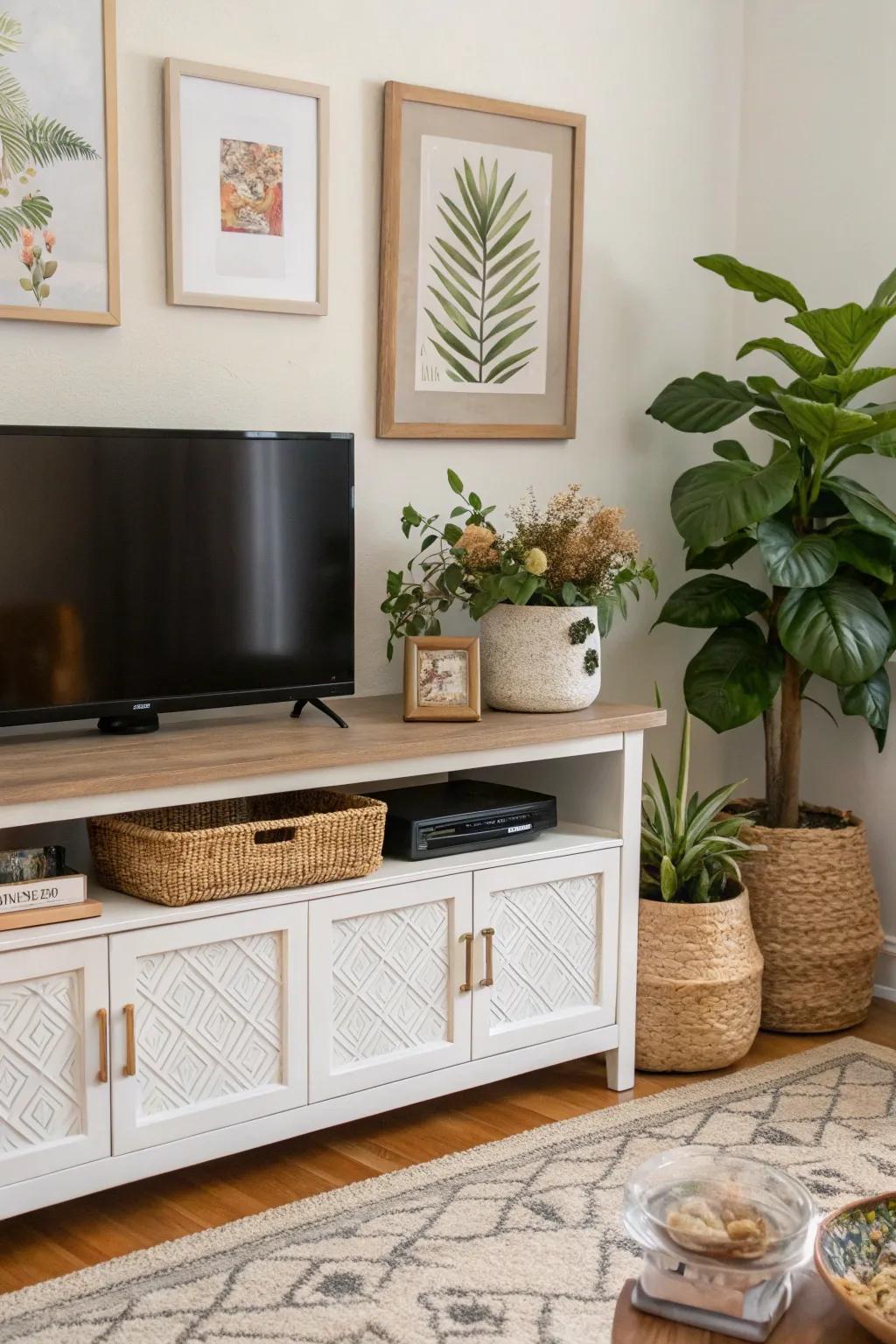 Layered arrangement with botanical elements and art prints on a TV stand.
