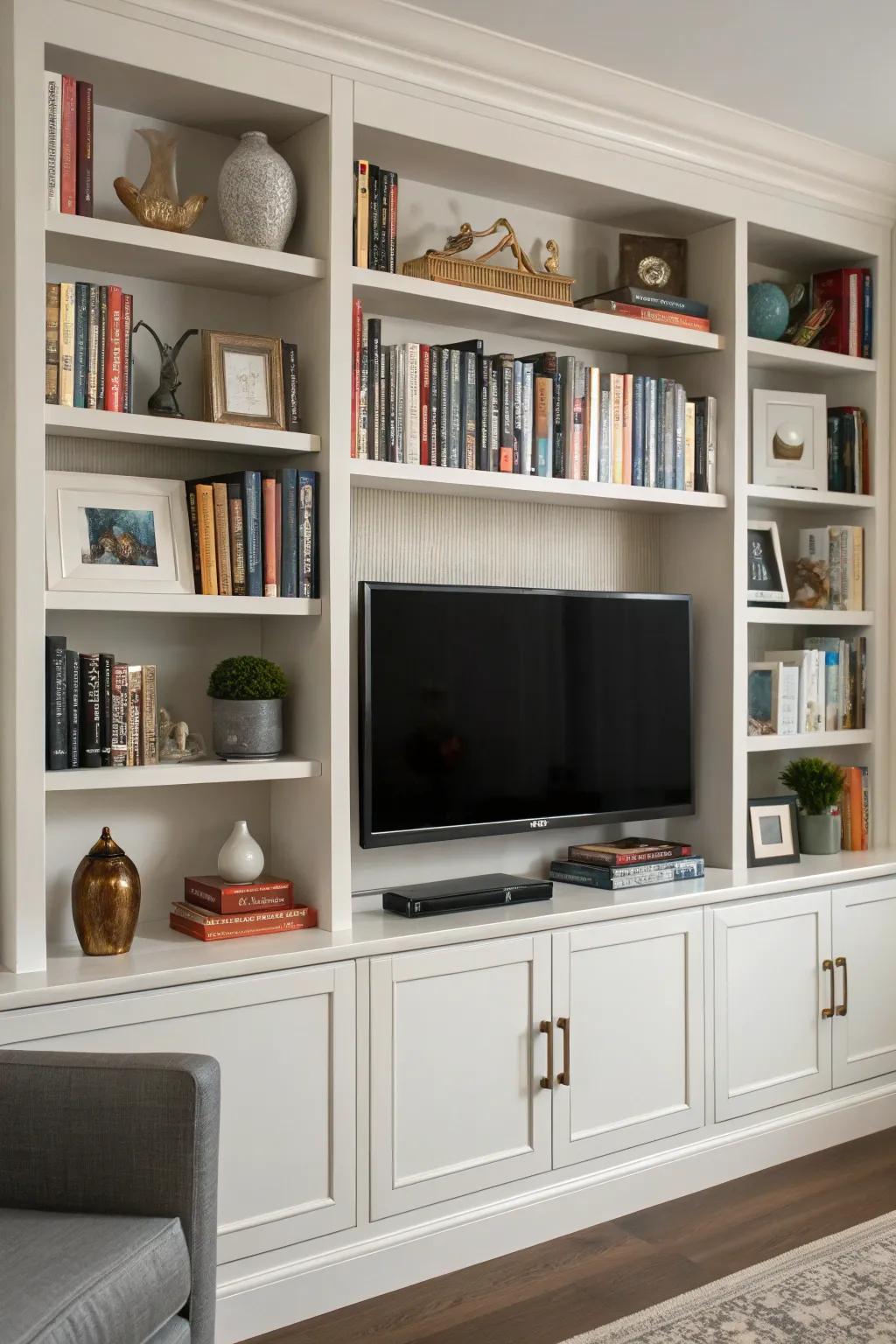 Integrate your TV seamlessly with integrated shelving.