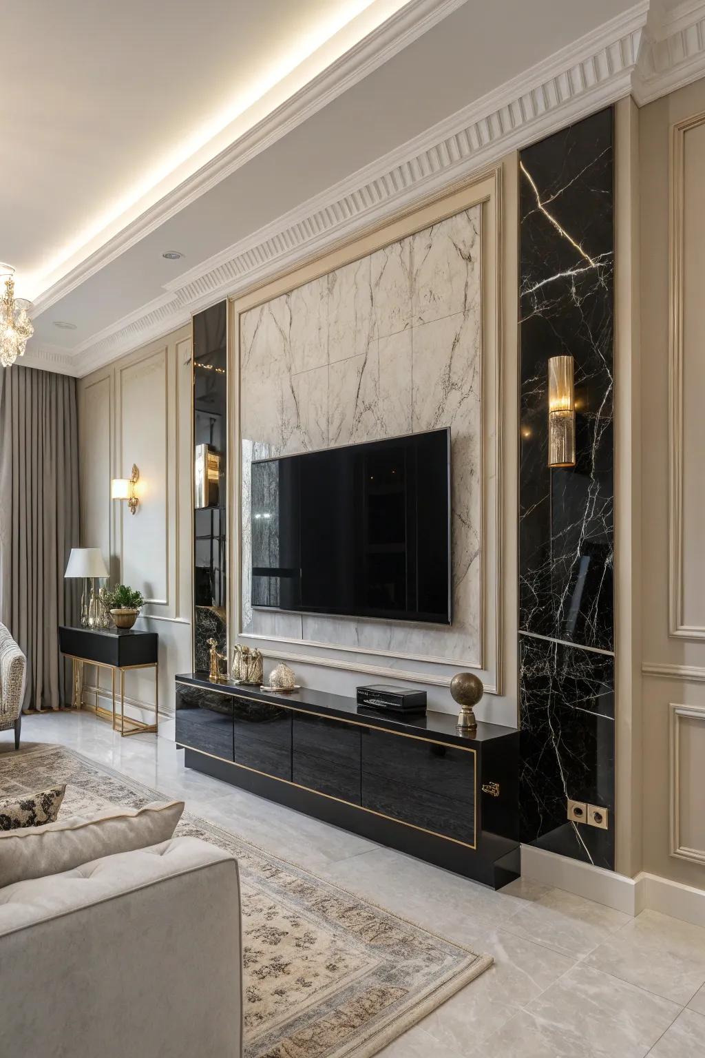 Marble accents add a dash of opulence to this refined TV wall.