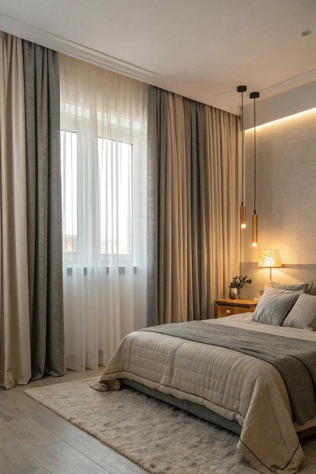 Soft two tone curtains creating a serene ambiance in a bedroom.