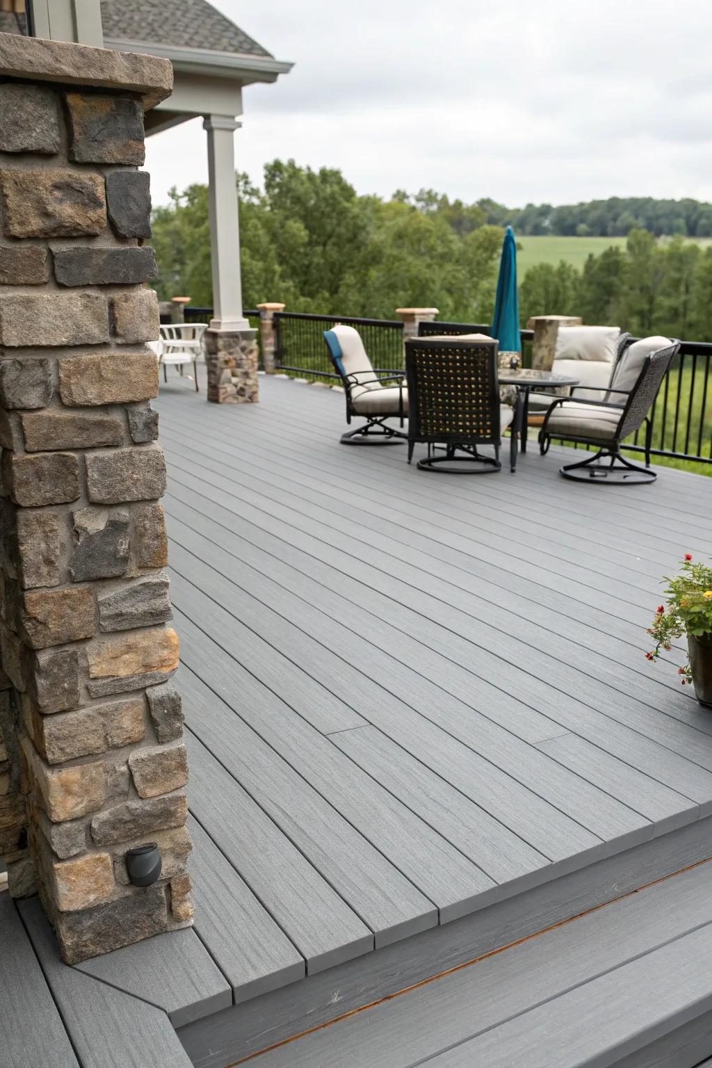 Modern gray and stone create an elegant and fashionable outdoor space.