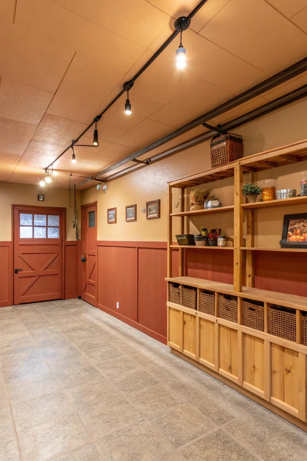 Earth tones make for a cozy and inviting garage setting.