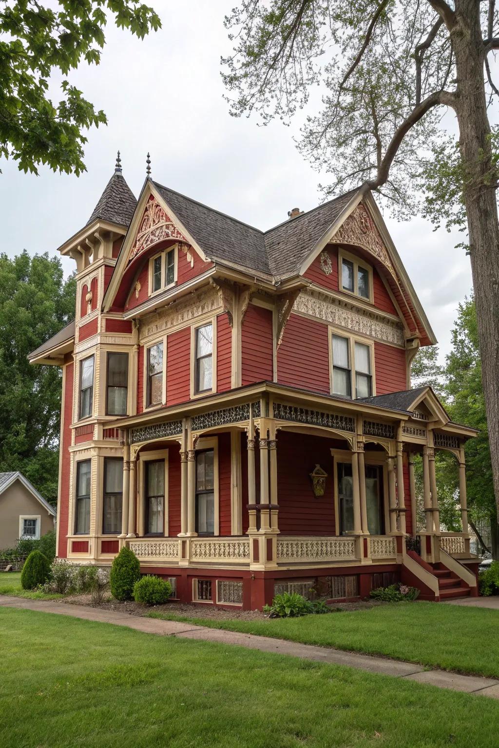 Striking red and beige siding enhances the appeal of classic homes.
