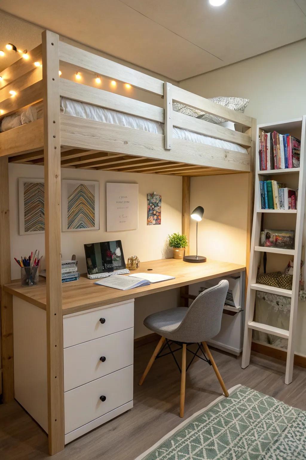 Put together a compact study zone beneath the bunk bed.