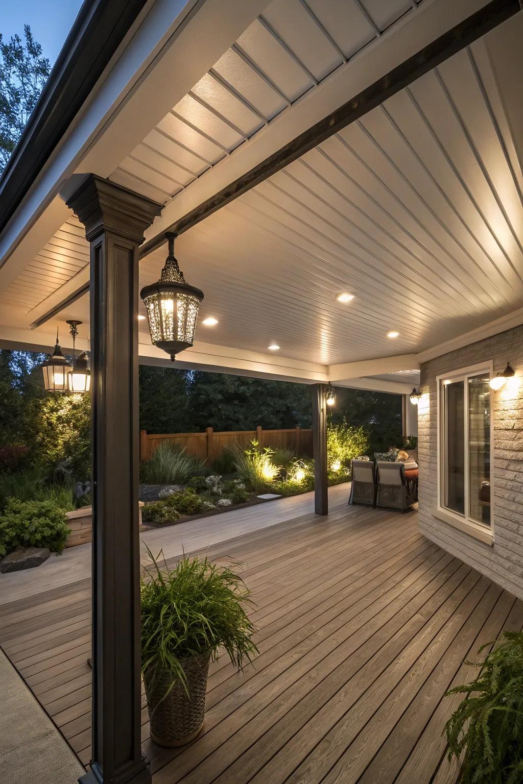 An under-deck sanctuary boasting a refined weatherproof ceiling and graceful illumination.
