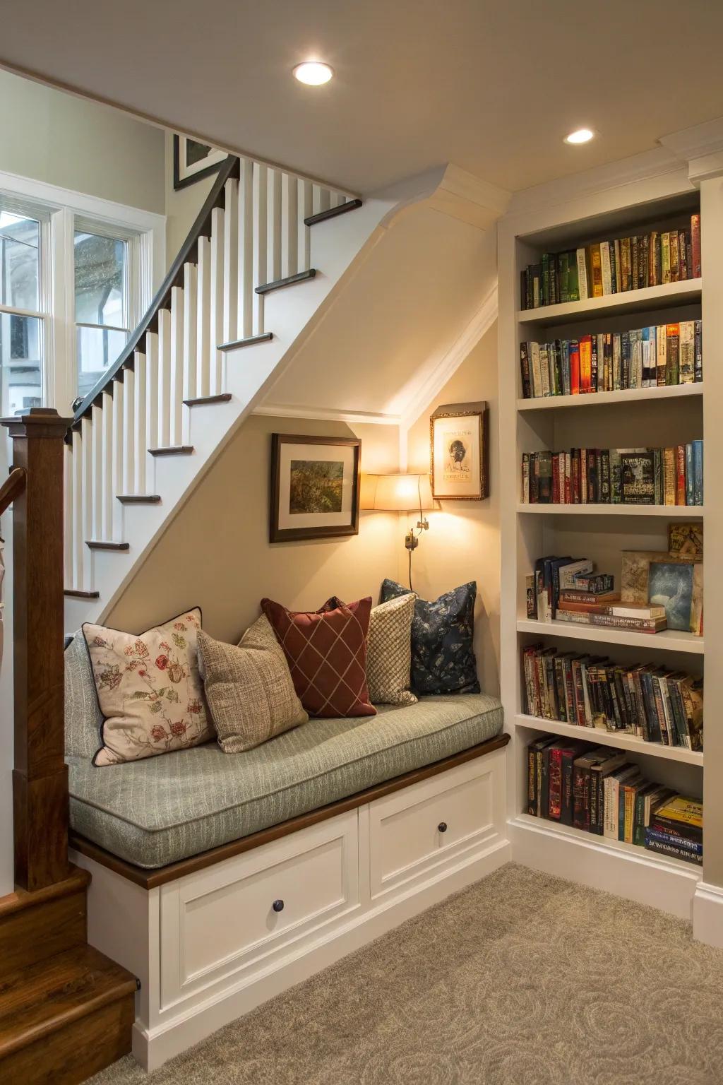 A peaceful reading nook tucked under the stairs for moments of quiet reflection.