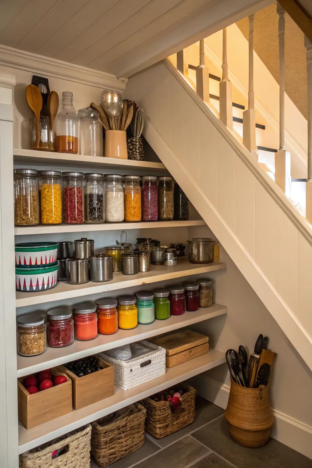 An under stairs pantry keeps your kitchen essentials within easy reach.