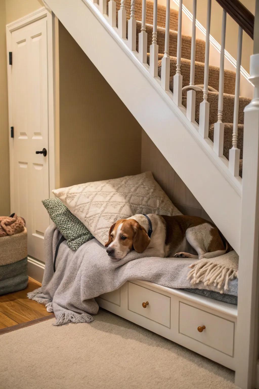 A snug bed makes the space beneath the stairs feel like home for your furry companion.