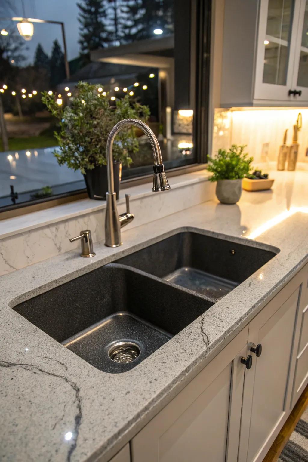 A composite granite undermount sink enhancing the luxury of a kitchen.