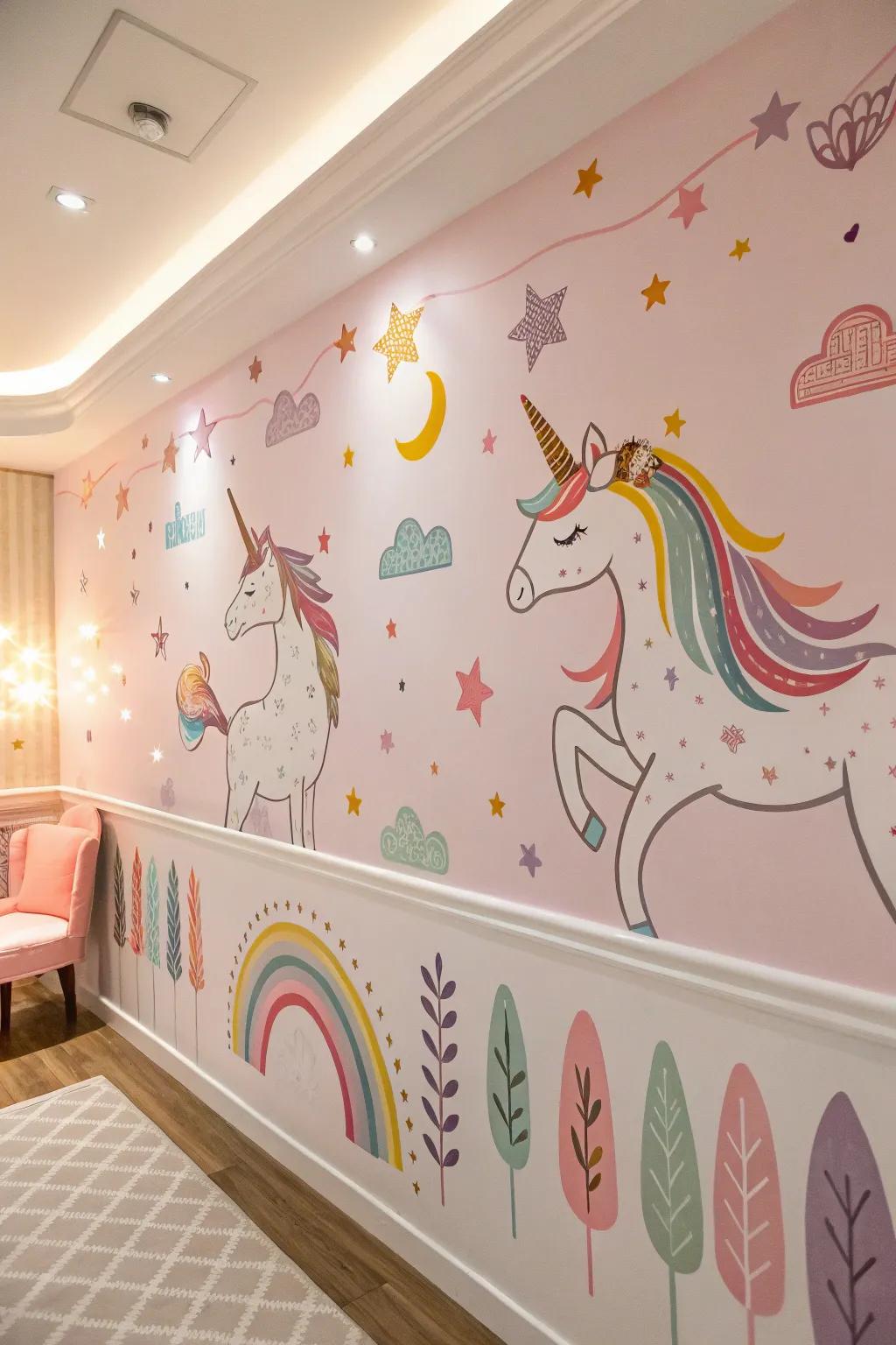 Unicorn wall decals breathe life into a room painted in soft pastels.