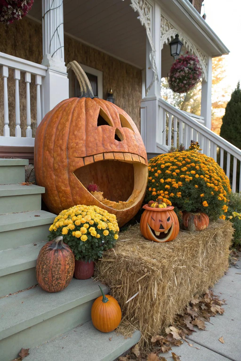 A comical scene of a pumpkin 'devouring' another pumpkin.