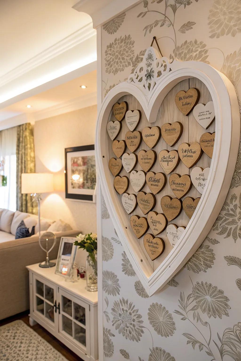 Attendees sign timber hearts, forming a charming display on the wall.