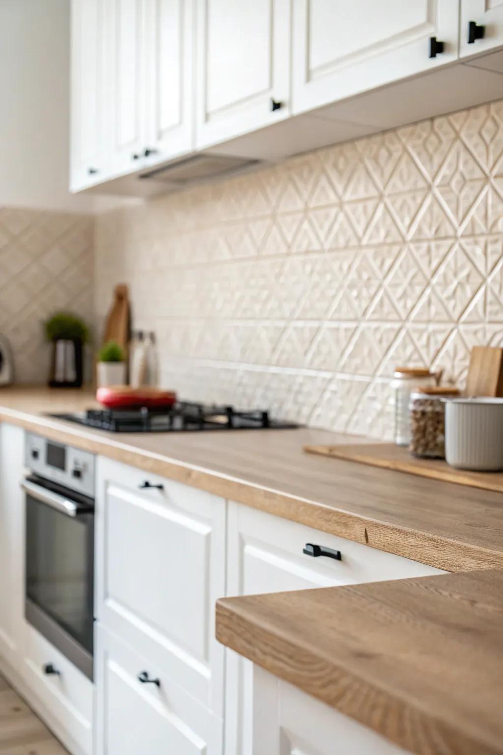 Create understated elegance using textured neutral tiles.
