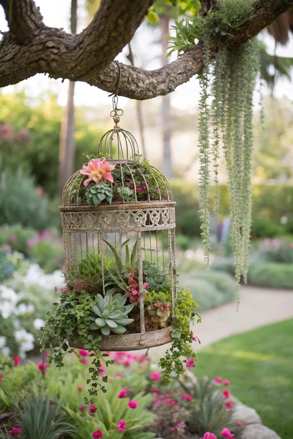 An antique birdcage reborn as an enchanting and whimsical succulent sanctuary.