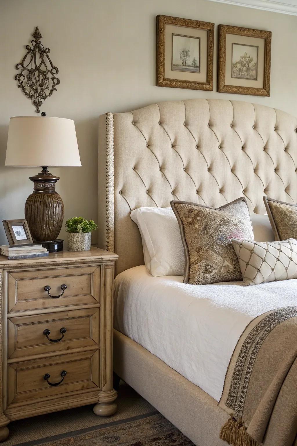 Button detailing imparts a timeless charm to this stylish bedroom.