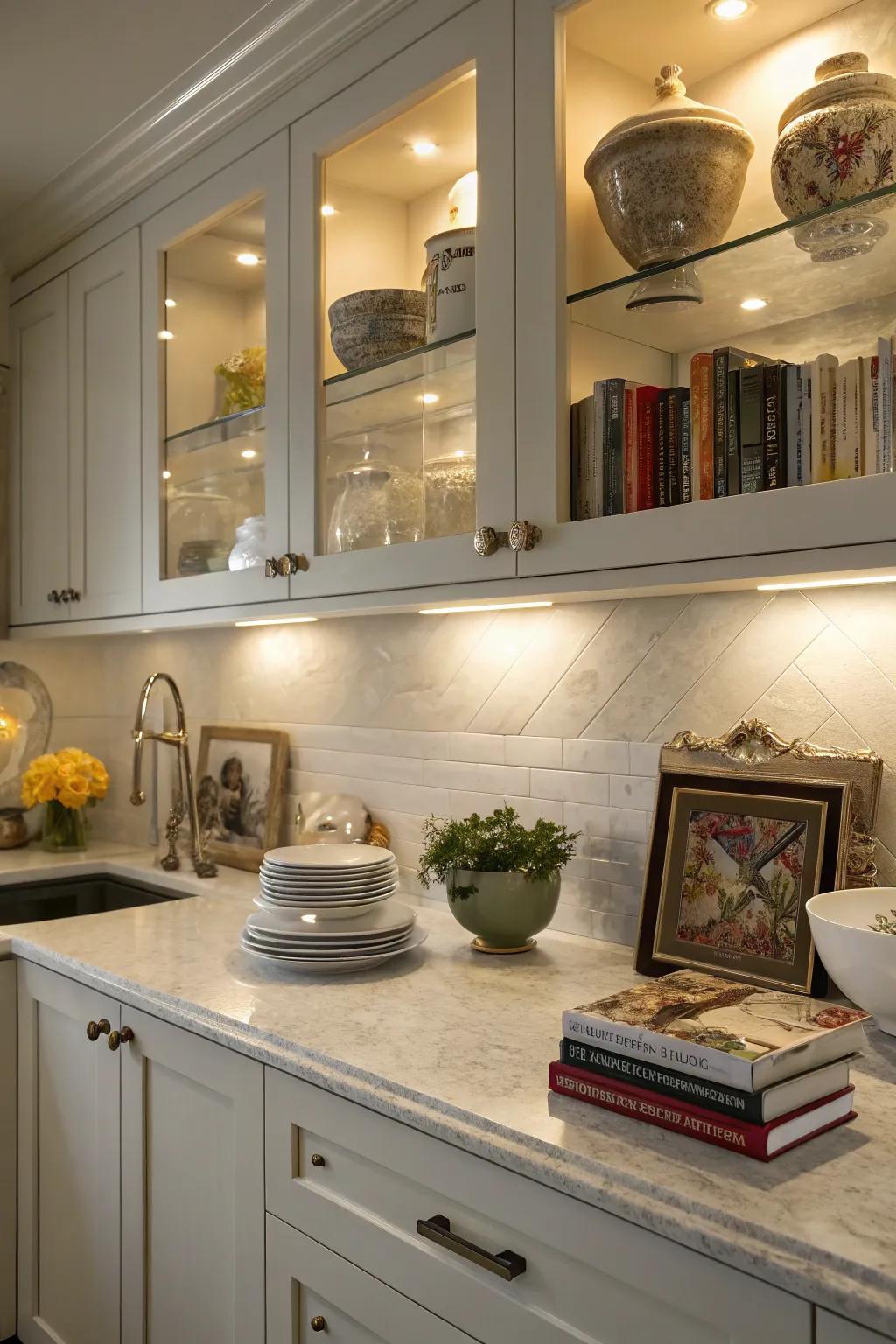 Spot bulbs create a dramatic spotlight effect on decorative items.