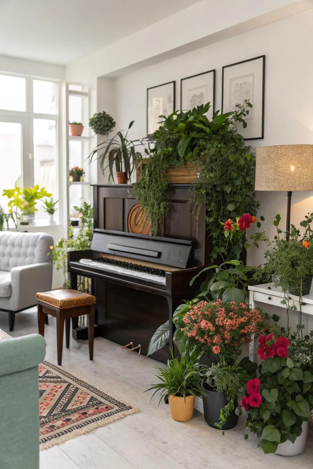 A contemporary living room presenting an upright piano embraced by lush potted foliage.