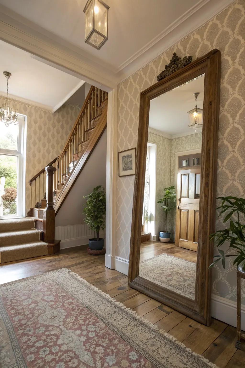 A striking mirror enhances the light and style of an upper hallway.