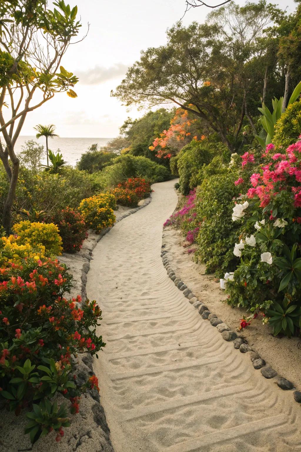 Sand walkways provide a rustic charm ideal for garden walks.
