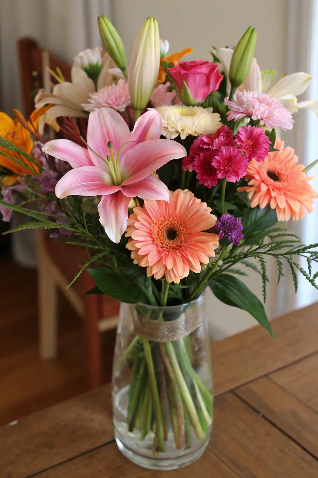 A refined multi-flower bouquet displayed in a glass vase.