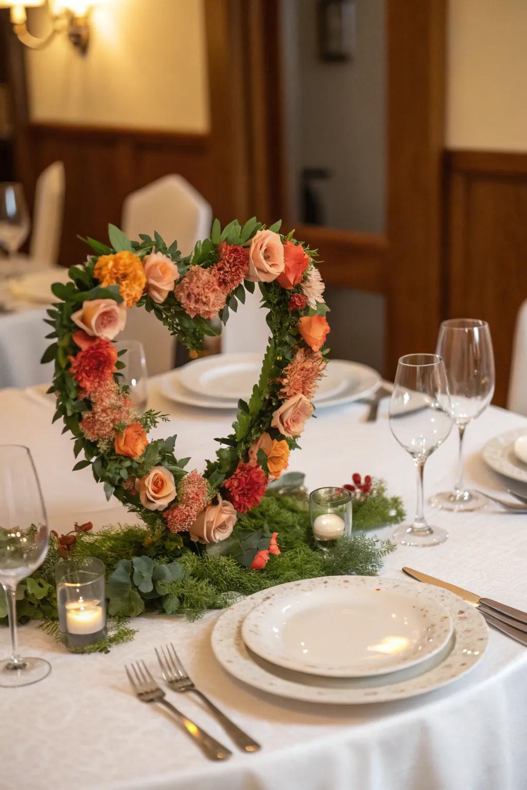 A heart-shaped wreath brings a whimsical touch to the table.