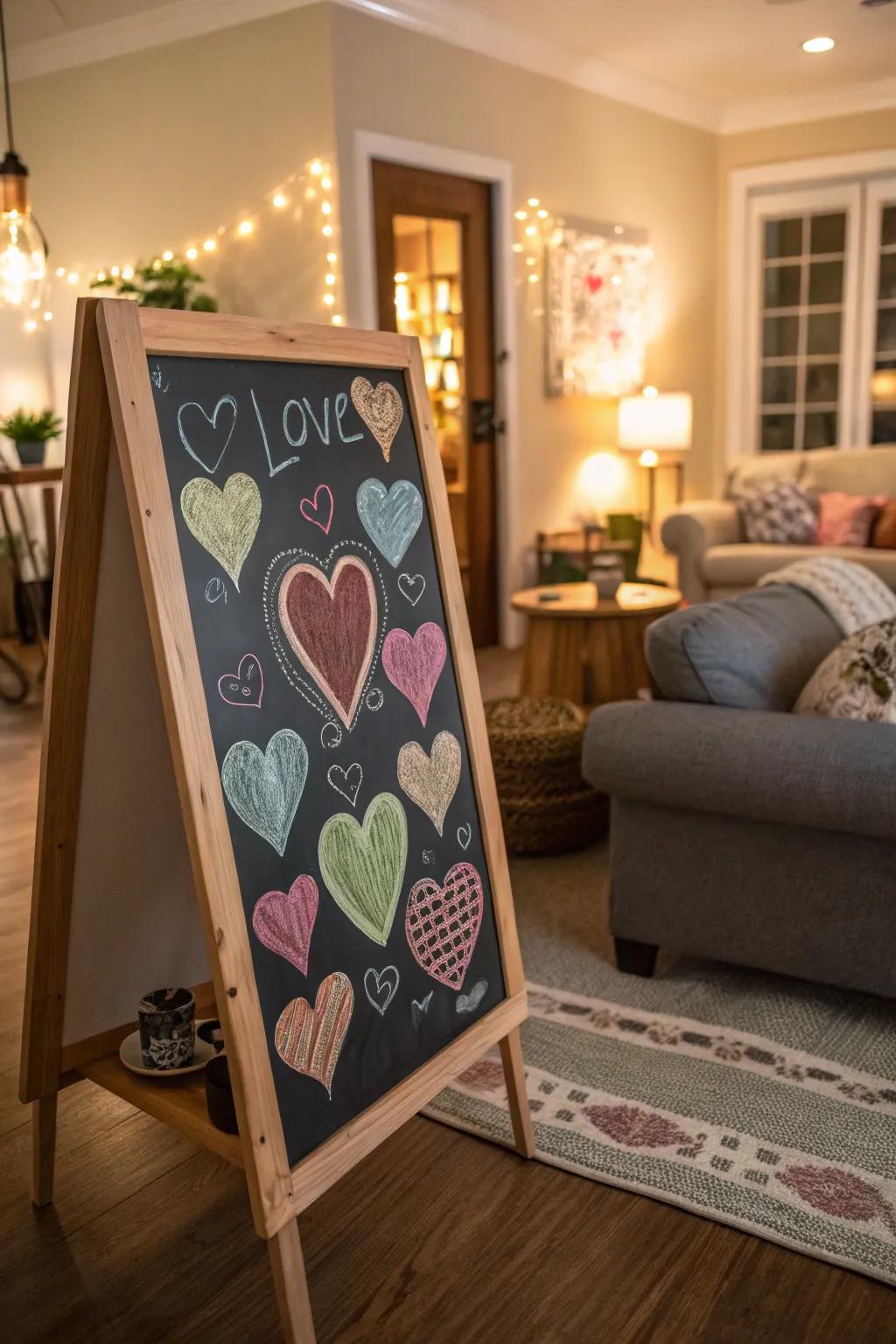 A chalkboard brimming with heart designs.